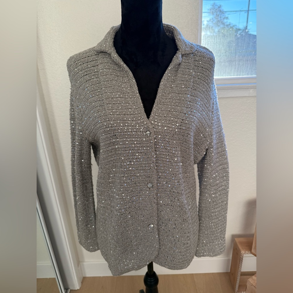 Jones New York Signature Silver Sequin Cardigan L Shimmer Knit Sweater